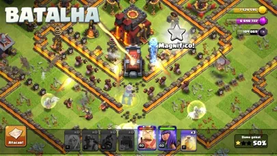 Ecrã de jogo de Clash of Clans com a aldeia e tropas